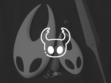 Hollow Knight Ghost character icon over 3D printed Hornet helmet and Needle sword from Hollow Knight
