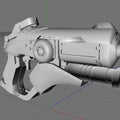3D visualization of hero shooter game winged medic Blaster STL, grey wireframe mesh render side view, 3D print cosplay prop