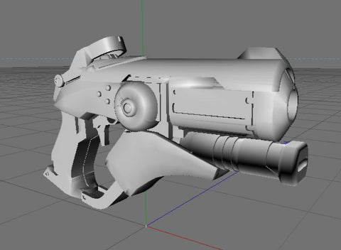3D visualization of hero shooter game winged medic Blaster STL, grey wireframe mesh render side view, 3D print cosplay prop