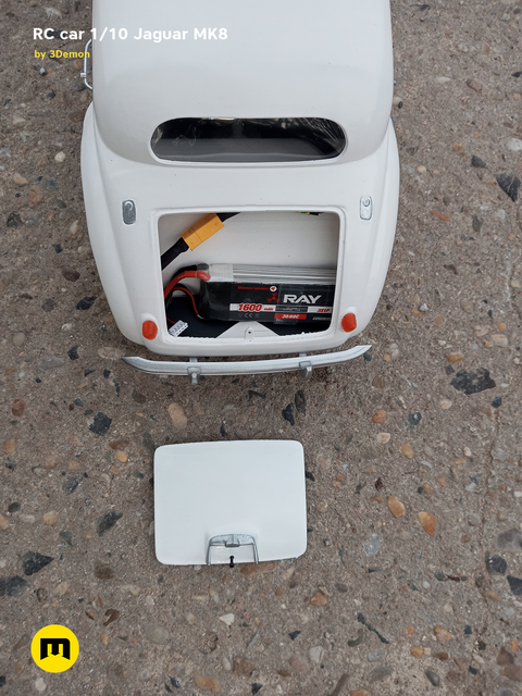 Exploded view of RC model Jaguar MK8, 1/10 scale, battery compartment open, 3D printed car