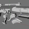 hero shooter game winged medic Blaster STL, exploded view of weapon components, 3D print cosplay prop