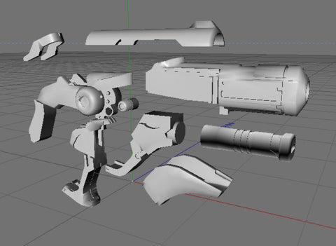 hero shooter game winged medic Blaster STL, exploded view of weapon components, 3D print cosplay prop