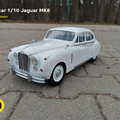 Lifestyle photo of 3D printed RC Jaguar MK8 model, white classic car, 1/10 scale RC car