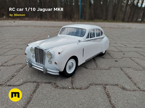 Lifestyle photo of 3D printed RC Jaguar MK8 model, white classic car, 1/10 scale RC car