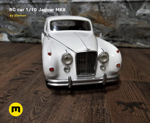 Lifestyle photo of 3D printed RC Jaguar MK8 model, white front view, 3Demon 3D print cosplay prop