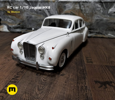 3D model render of RC car Jaguar MK8, white 1/10 scale, front view, 3D print preview.