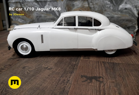 Lifestyle photo of RC model Jaguar MK8, white 1/10 scale remote control car, 3D printed detail.
