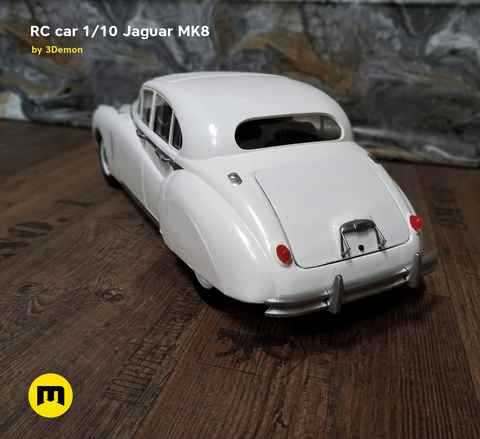 3D visualization of RC car Jaguar MK8, white 1/10 scale model, rear view, 3D print preview
