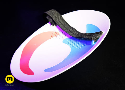 Textured 3D render of Slay the Spire Merchant Mask, glowing pink-blue gradient, 3D print cosplay prop.