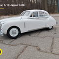 Lifestyle photo of 1/10 RC model Jaguar MK8, white classic car, 3D printed scale replica