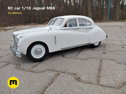 Lifestyle photo of 1/10 RC model Jaguar MK8, white classic car, 3D printed scale replica