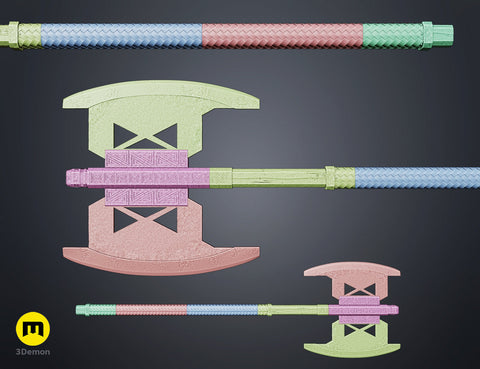 the dwarven warrior Axes Collection - epic fantasy saga STL, exploded view of colored 3D print cosplay prop.