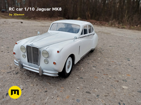Lifestyle photo of 1/10 scale RC Jaguar MK8 model, white vintage car on gravel path, 3D printed RC car