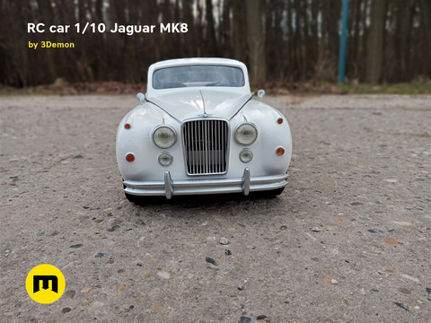Lifestyle photo of RC model Jaguar MK8, white 1/10 scale remote control car, front view.