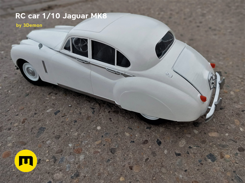 Lifestyle photo of 1/10 scale RC model Jaguar MK8, white vintage car on gravel surface, 3D printed RC car.