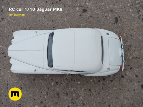 3D model render of RC car Jaguar MK8, white top-down view, 3D print collectible