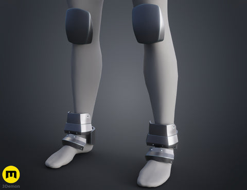 3D model render of Atreides Armor - Dune, knee-high leg guards with metallic ankle joints, 3D print cosplay prop