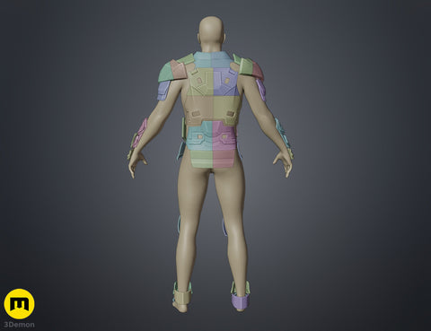 Color-coded parts breakdown of Atreides Armor - Dune, back view cosplay prop 3D print assembly guide