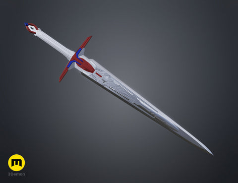 Full-length 3D render of the the mech leader transforming mechs sword with engraved silver blade and colorful hilt.