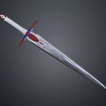 3D render of the mech leader's sword with a silver engraved blade and white hilt with red and blue details.