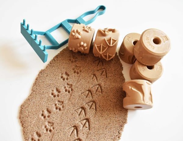 Lifestyle photo from above showing two beige sand texture rollers standing upright in sandbox behind animal paw print and bird track impressions they created in sand