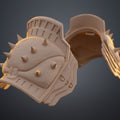 Clay render front view of Doom Dark Ages Shoulder Armor pair in tan material showing fan-like spike arrangement and surface bump geometry