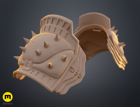 Clay render front view of Doom Dark Ages Shoulder Armor pair in tan material showing fan-like spike arrangement and surface bump geometry