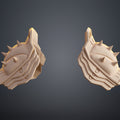 Clay render side view of Doom Dark Ages Shoulder Armor pair in tan showing aggressive spike angle and length with organic surface cracks and bumps visible