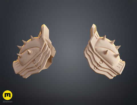 Clay render side view of Doom Dark Ages Shoulder Armor pair in tan showing aggressive spike angle and length with organic surface cracks and bumps visible