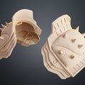 Clay render back view of Doom Dark Ages Shoulder Armor pair showing interior hollow structure and strap mounting points on tan material model