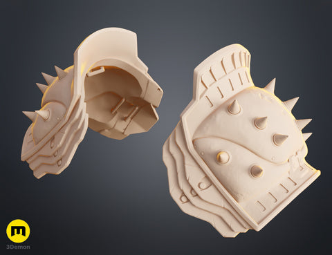Clay render back view of Doom Dark Ages Shoulder Armor pair showing interior hollow structure and strap mounting points on tan material model