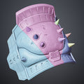 Color-coded assembly guide render of Doom Dark Ages Shoulder Armor STL showing segmented pink blue purple yellow print parts for separate printing