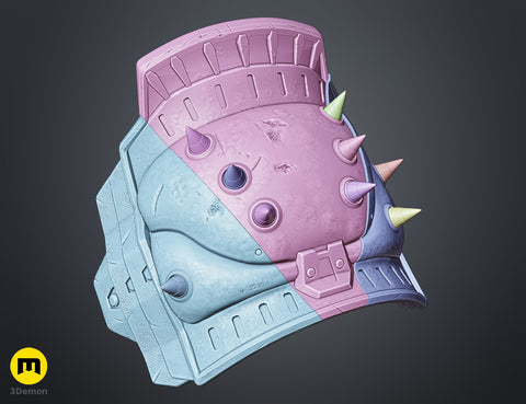 Color-coded assembly guide render of Doom Dark Ages Shoulder Armor STL showing segmented pink blue purple yellow print parts for separate printing
