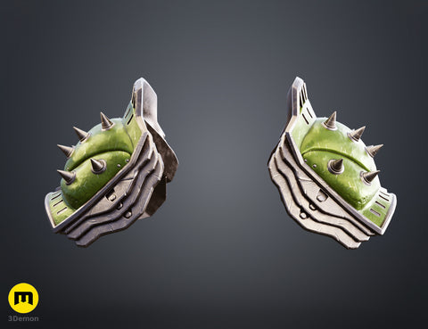 Painted 3D render front view of Doom Dark Ages Shoulder Armor pair symmetric view showing balanced green leathery top and layered silver weathered plates