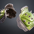 Painted 3D render rear perspective of Doom Dark Ages Shoulder Armor pair showing hollow interior and metallic frame green and silver weathered surface