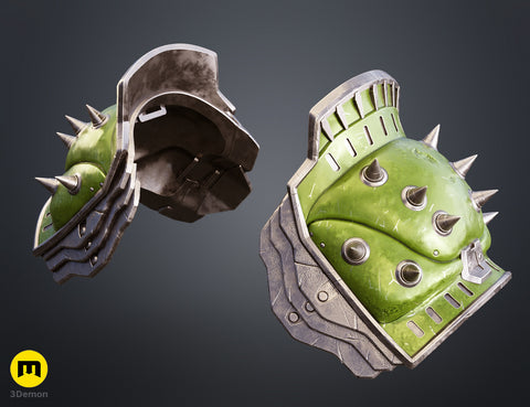 Painted 3D render rear perspective of Doom Dark Ages Shoulder Armor pair showing hollow interior and metallic frame green and silver weathered surface