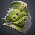 Painted 3D render close-up profile of Doom Dark Ages Shoulder Armor showing green bumpy organic texture and sharp silver metallic spikes in detail