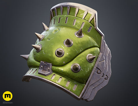 Painted 3D render close-up profile of Doom Dark Ages Shoulder Armor showing green bumpy organic texture and sharp silver metallic spikes in detail