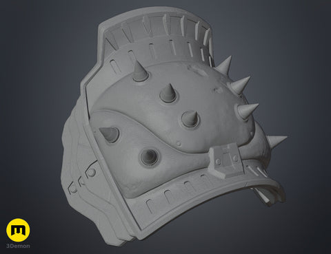 Wireframe mesh render of Doom Dark Ages Shoulder Armor full pair showing high-density polygon structure with fine surface detail topology
