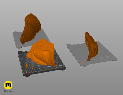 Slicer screenshot of Doom Dark Ages Shoulder Armor STL orange segments distributed across three Prusa print beds ready for 3D printing