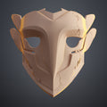 Clay render of Ekko Firelighter Mask Arcane faceplate front view showing sculpted edges battle-damage cracks and central nose structure detail