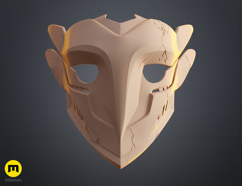 Clay render of Ekko Firelighter Mask Arcane faceplate front view showing sculpted edges battle-damage cracks and central nose structure detail