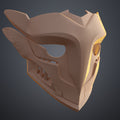 Clay render high angle perspective view of Ekko Firelighter Mask Arcane STL showing overall owl-like silhouette and side protrusion geometry