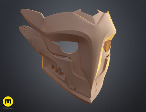 Clay render high angle perspective view of Ekko Firelighter Mask Arcane STL showing overall owl-like silhouette and side protrusion geometry