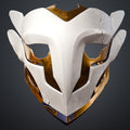 Painted 3D render classic color scheme Ekko Firelighter Mask Arcane white faceplate copper bronze accents glowing green lenses front view