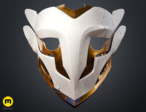 Painted 3D render classic color scheme Ekko Firelighter Mask Arcane white faceplate copper bronze accents glowing green lenses front view