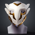 Painted 3D render of Ekko Firelighter Mask Arcane dark grey black bronze variant with battle damage weathering green glowing eye lenses