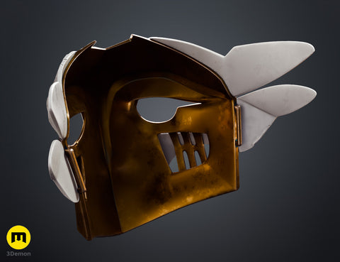 Painted 3D render of Ekko Firelighter Mask Arcane white bronze variant with teal blue forehead highlights and glowing lens side goggles detail