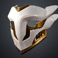 Product cover render of Ekko Firelighter Mask Arcane white copper bronze goggles glowing green lenses against dark industrial background