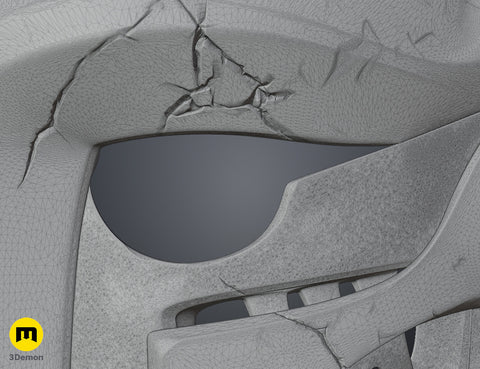 Wireframe mesh close-up of Ekko Firelighter Mask Arcane showing dense polygon flow and geometry density of detailed sculpted section